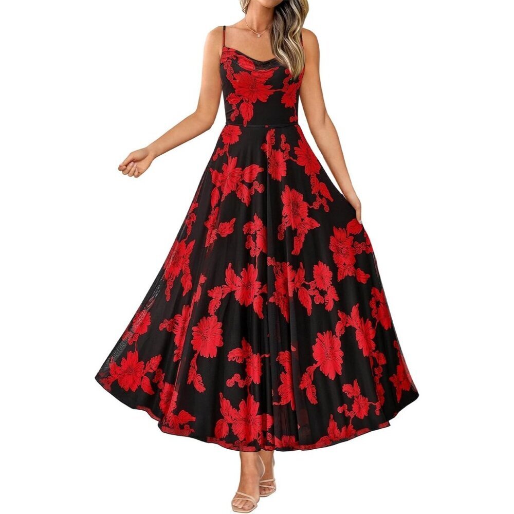 Women's Floral Black Red Elegant Spaghetti Strap Printed Party Beach Long Maxi